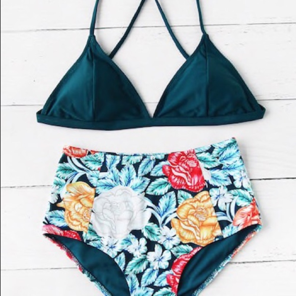 Teal bikini with floral high waist - Picture 2 of 6